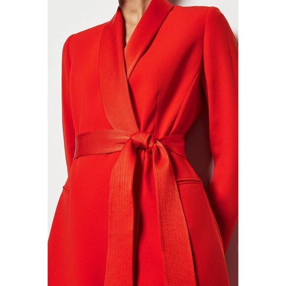 KAREN MILLEN Tomato Red Crepe Satin Tailored Tuxedo Wrap Mini Dress, Size 6 - Picture 3 of 15